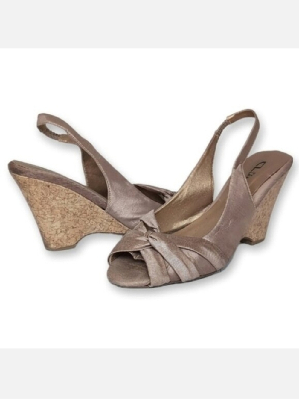 CL By Laundry Slingback Cork Wedge Sandals Peeptoe Satin Heels Shoes Size 9